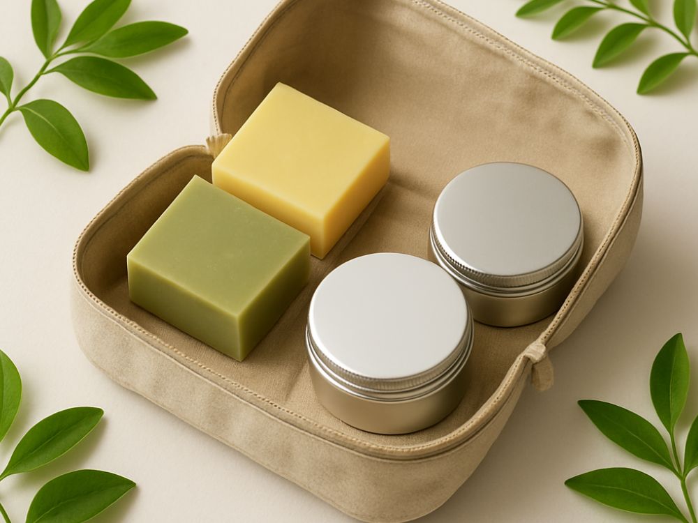 esenciales de primavera neceser de viaje con productos naturales sólidos